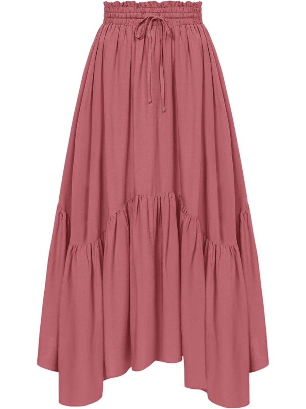 Women's Pink Drawstring Renaissance Boho Flowy Asymmetric Tiered Maxi Skirt